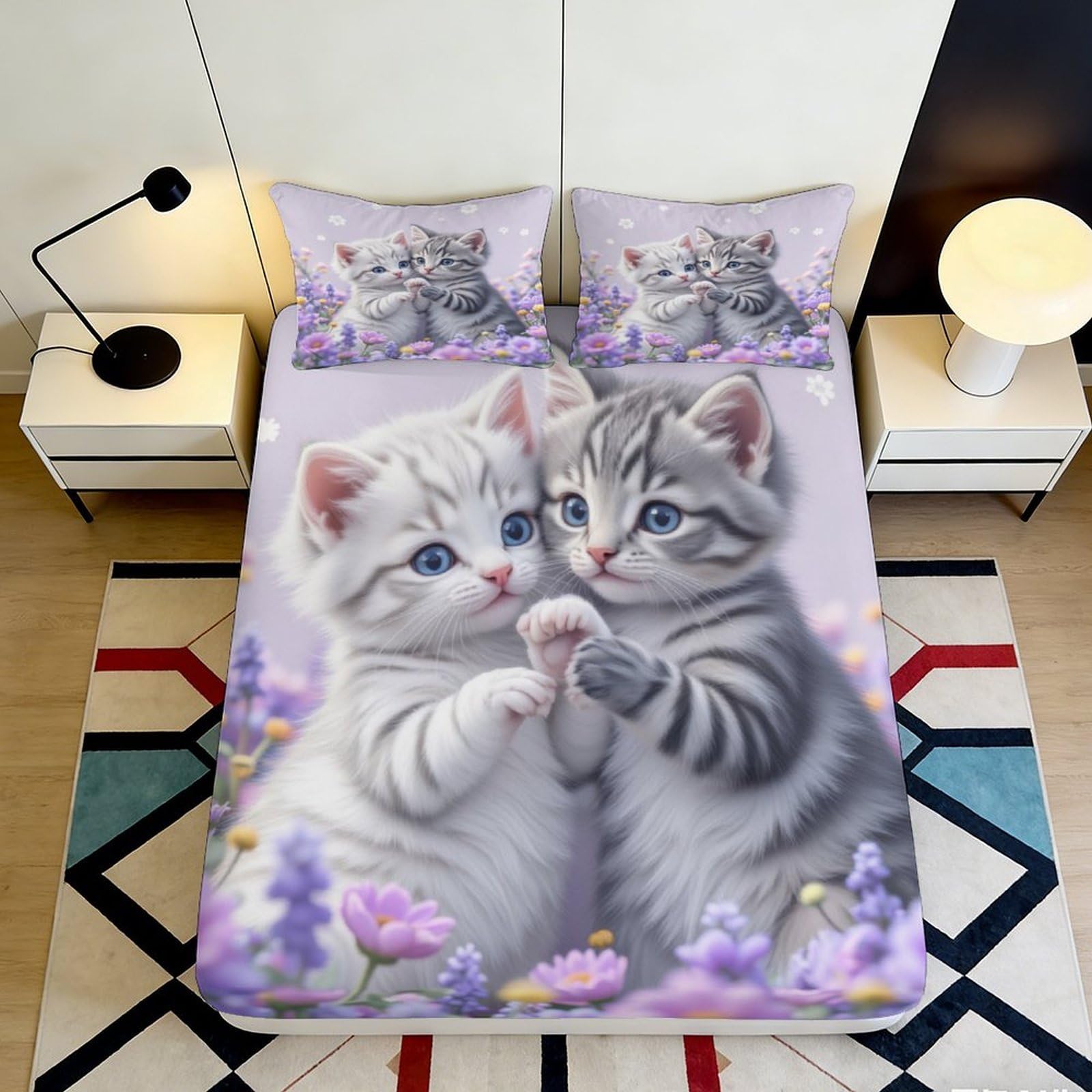 3D Printed Cute Cats Fitted Sheet Microfiber Deep Pocket Non-Slip Bedding Cat Mattress Fitted Cover Full Wrap Washable for Adults Teens Bedroom 200x200x25cm 90x200x25cm