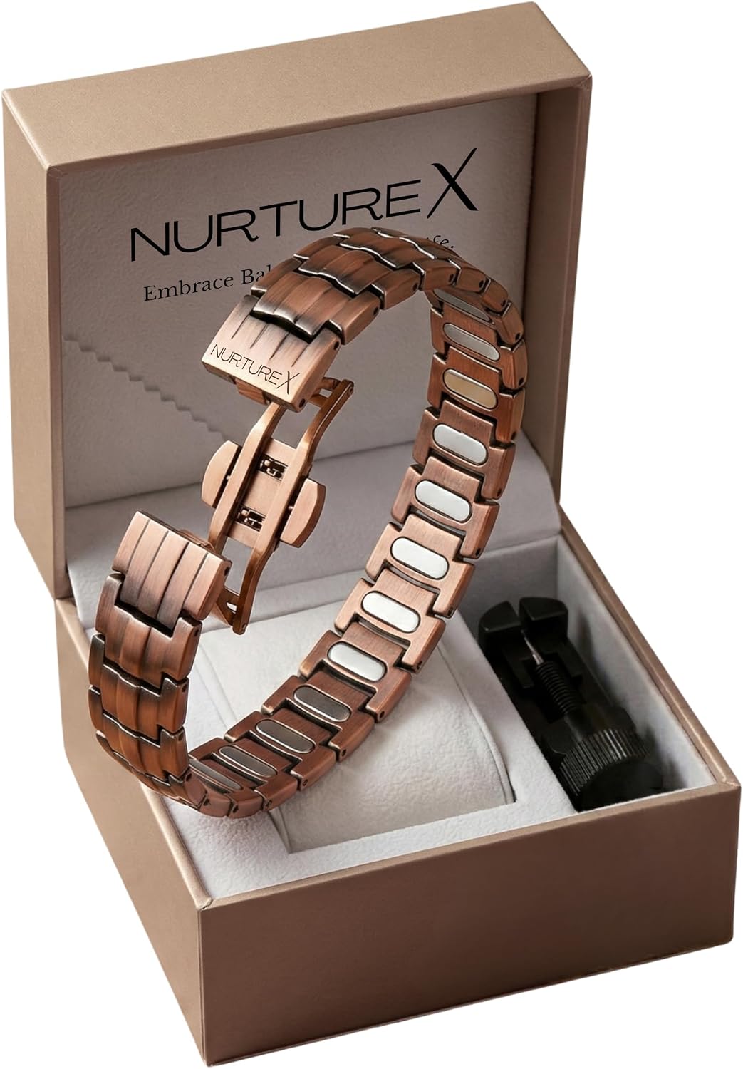 Therapeutic Pure Copper Magnetic Bracelet for Men, Ultra Powerful Gauss Adjustable Magnet Therapy Bracelet with Fold Over Clasp, Includes Sizing Tool, Extra Link Pins, Cleaning Cloth, Best Gift for Men