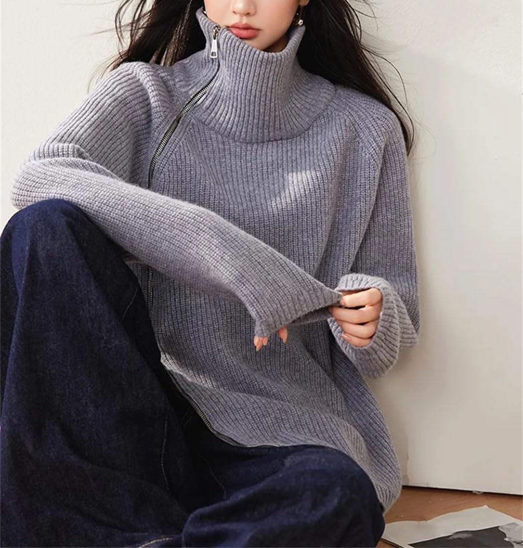 Women Asymmetric Zipper Knit Sweater Turtleneck Pullover Loose Long Sleeve Casual Fashion Autumn Winter Tops