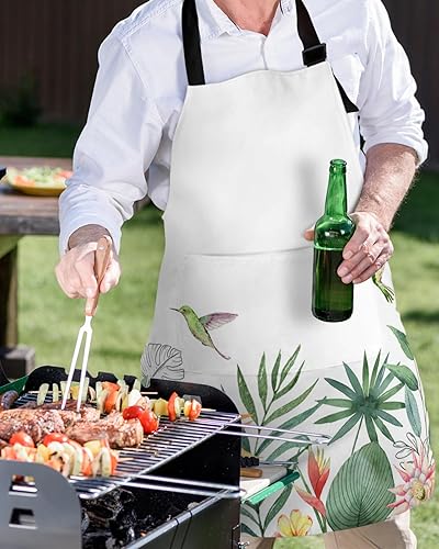 Miniatura 5 de Pastoral Botanical Bib Aprons with Pockets Waterproof, Adjustable Apron for Men Women Summer Tropical Plants Palm Leaves Birds