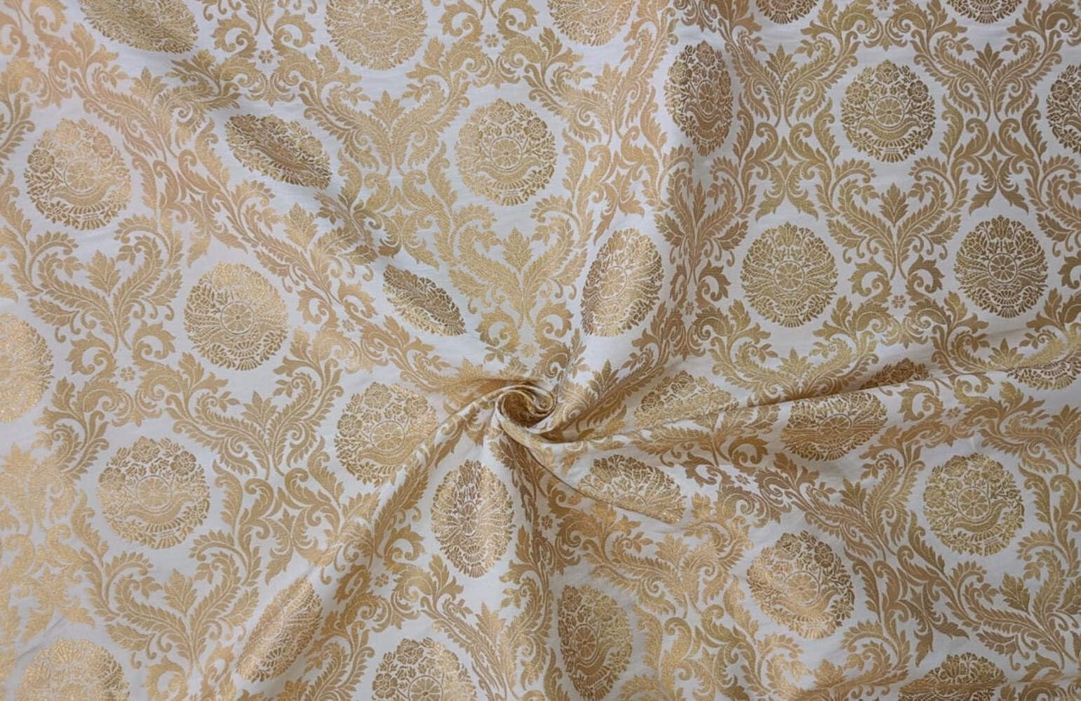 Silk Brocade Fabric White Ivory x Metallic Gold 44" BRO805[1] by The Yard