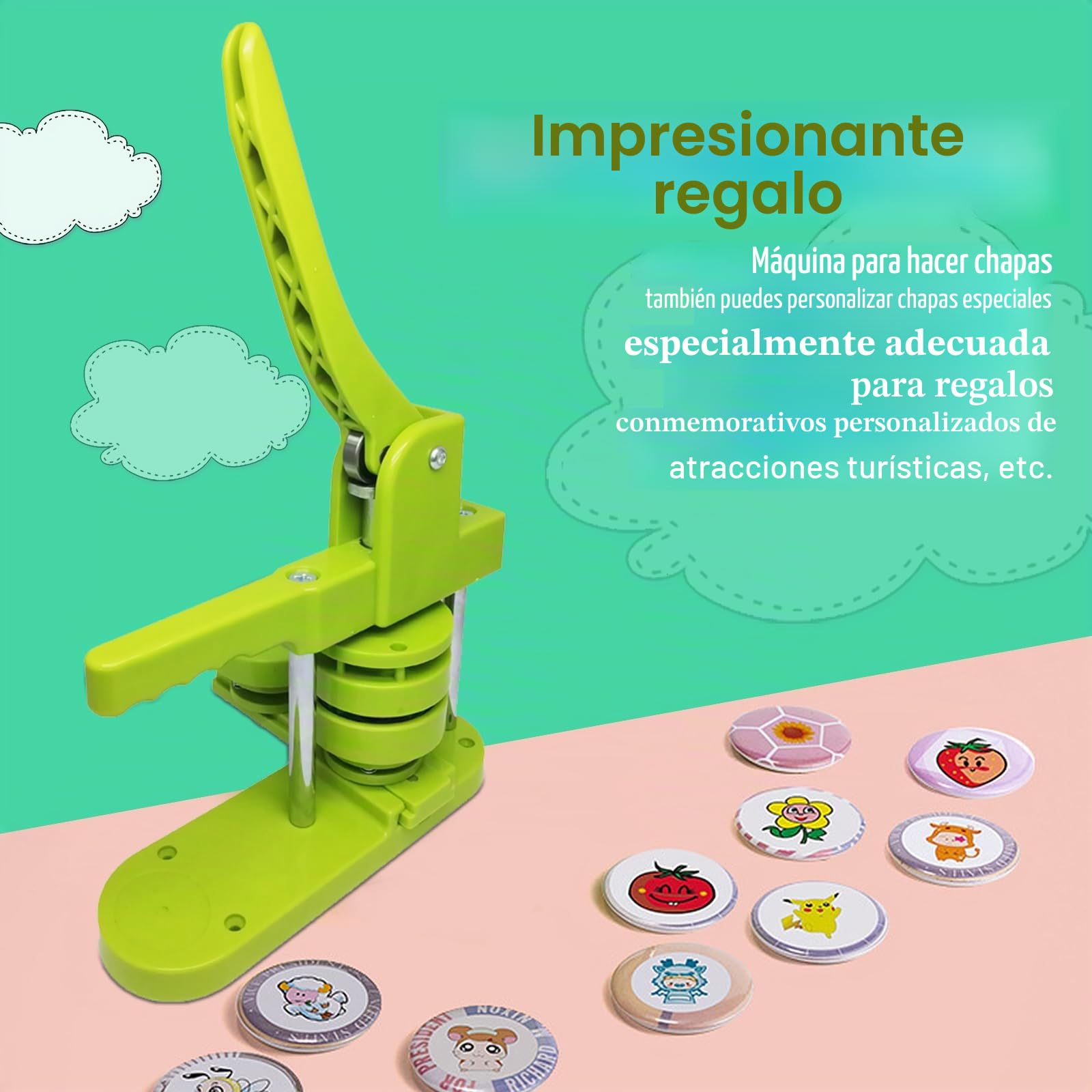 Máquina para Hacer Botones, 58mm/32mm/25mm DIY Fabricante de Pins y Distintivos Prensa de Troquelado Sin Instalación con 300 Piezas de Botones (Verde)