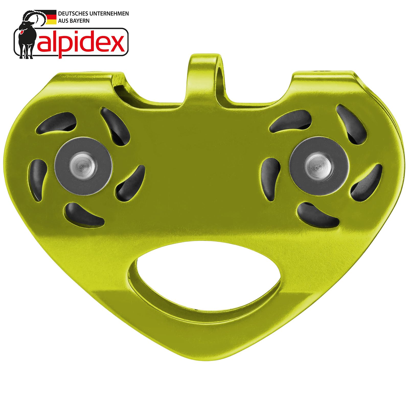 ALPIDEX Tandemrolle Seilrolle 20 kN | Umlenkrolle | Tandem Pulley | Norm EN12278 | Kugellager | Doppelte Rollen | Stahlseile bis 12 mm Ø | Textilseile bis 13 mm Ø | Doppelseilrolle - Farbe: Lime