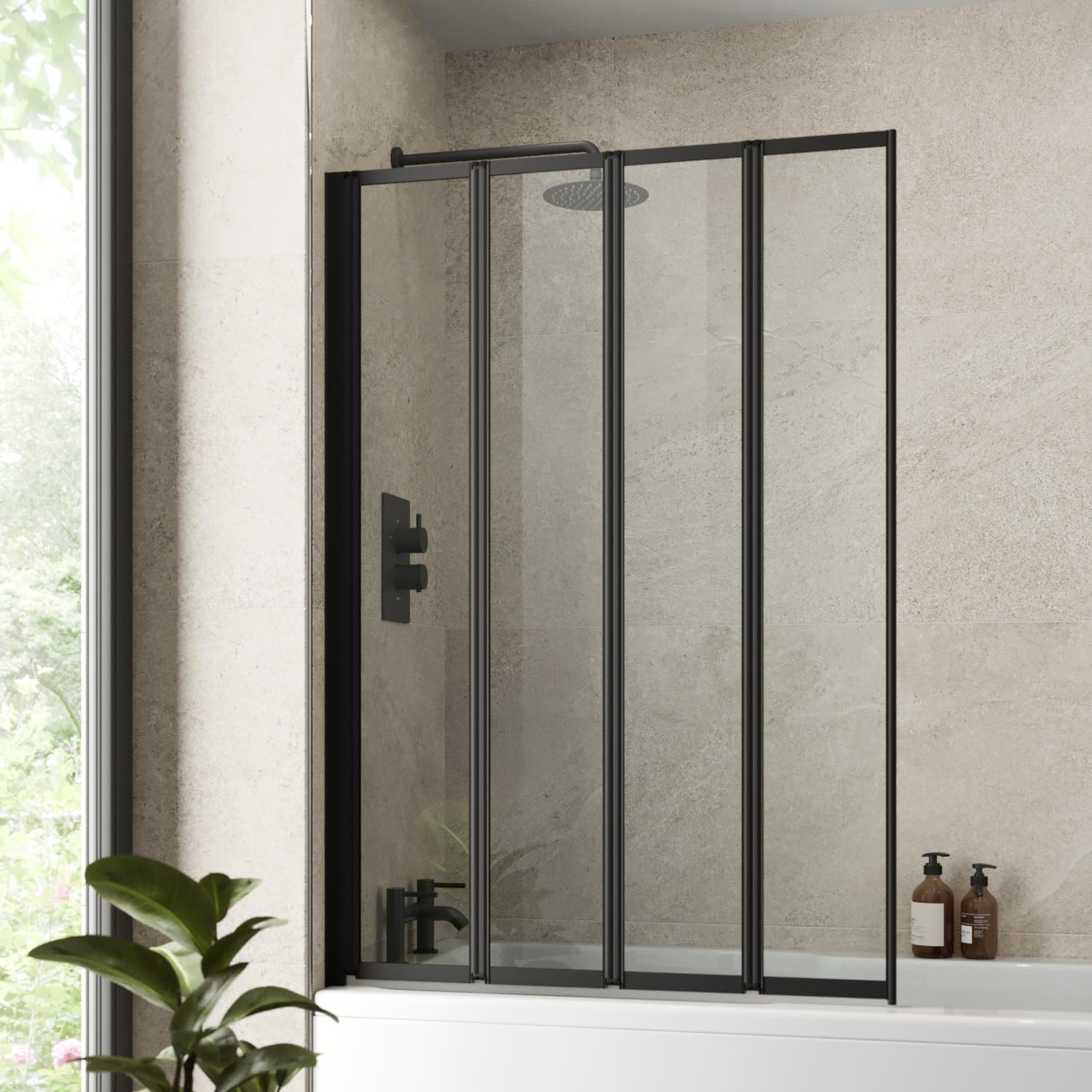 Luxura® 4 Panel 1000 x 1400mm Black Over Bath Shower Screen Folding Hinged Door Glass Panels & Screens for Baths, 4mm Toughened Safety Glass, 180° Pivot Swing, Reversible — image 1