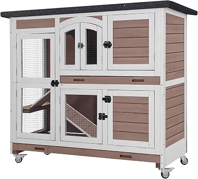 Aivituvin Bunny Cage Rabbit Hutch Indoor Rabbit House with Wheels Outdoor Guinea Pig House with Two Plastic Tray Brown