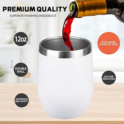 Miniatura 3 de Paquete de 12 vasos de vino de acero inoxidable con tapa. Vaso de vino aislado de doble pared sin tallo de 12 onzas. La copa de vino es adecuada