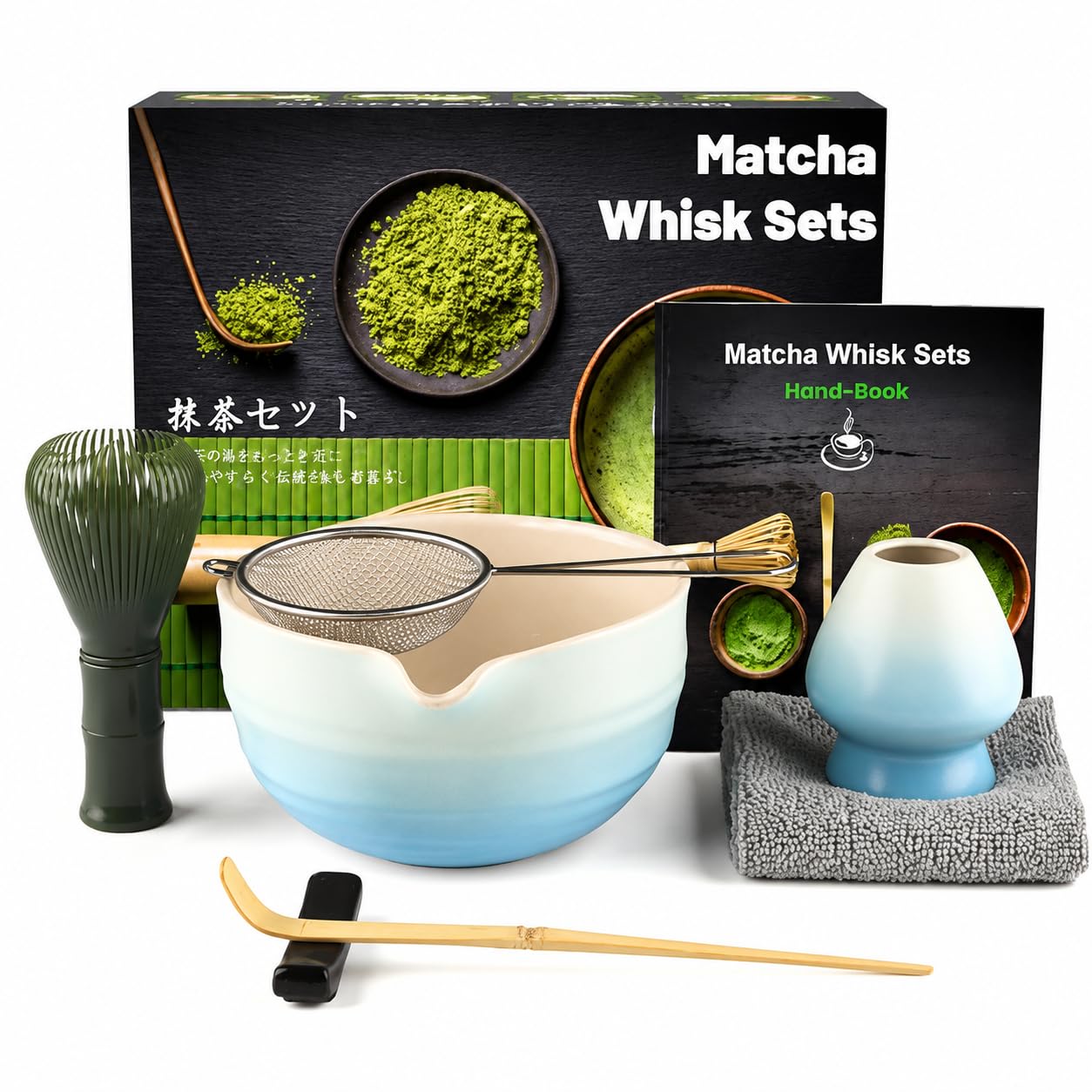 Muexoee 7 Pcs Matcha Set,Matcha Tea for Making Breakfast/Latte,Whisk Set and Bowl with All Accessories,Authentic Tea Ceremony,Gradient Blue Bowl, Stirrer Green — image 1