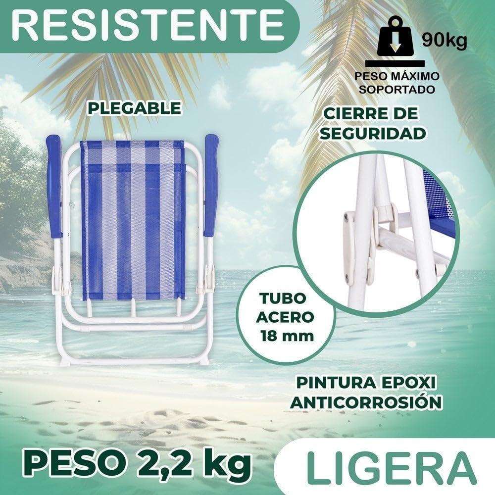 LOLAhome Pack 2 sillas Playa y Camping Plegables con Cierre de Seguridad, Estructura Acero Pintura Epoxi anticorrosión, Tejido textileno Transpirable de Rayas Multicolor, Respaldo Alto Mono-posición