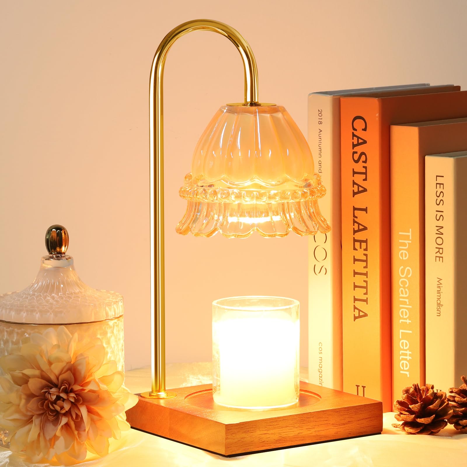 Candle Warmer Lamp, Candle Lamp Wax Warmer, Timer & Dimmer 7-Levels, Compatible All Jar Candles, Top Melting, Glass Candle Heater Lamp for Scented Wax, Elegant Home Decoration, Milk Glass Flower