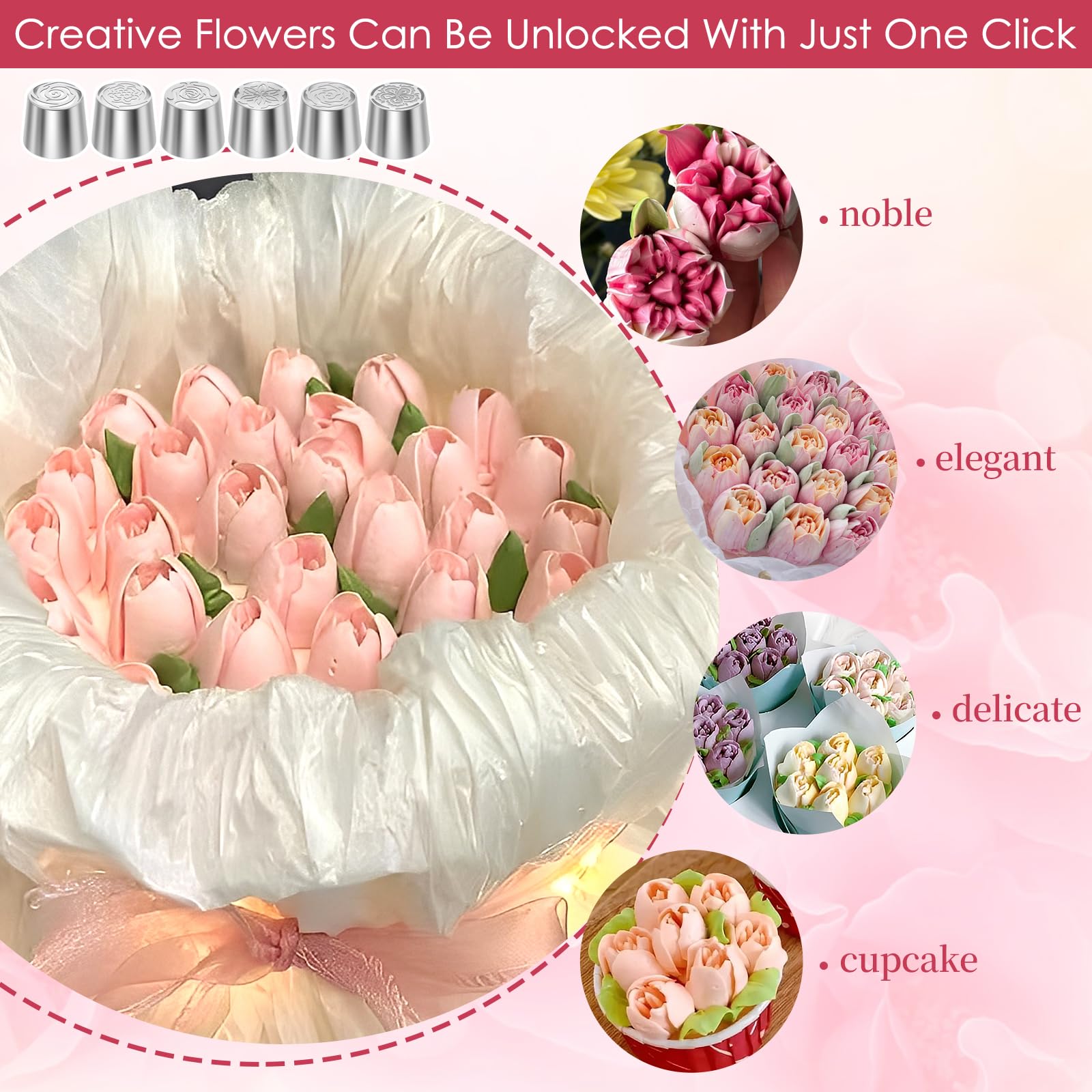 6 beccucci a forma di fiori grandi, in acciaio inox, riutilizzabili, set di beccucci russi per sac à poche per pasticceria, decorazione di cupcake, torte, macaron