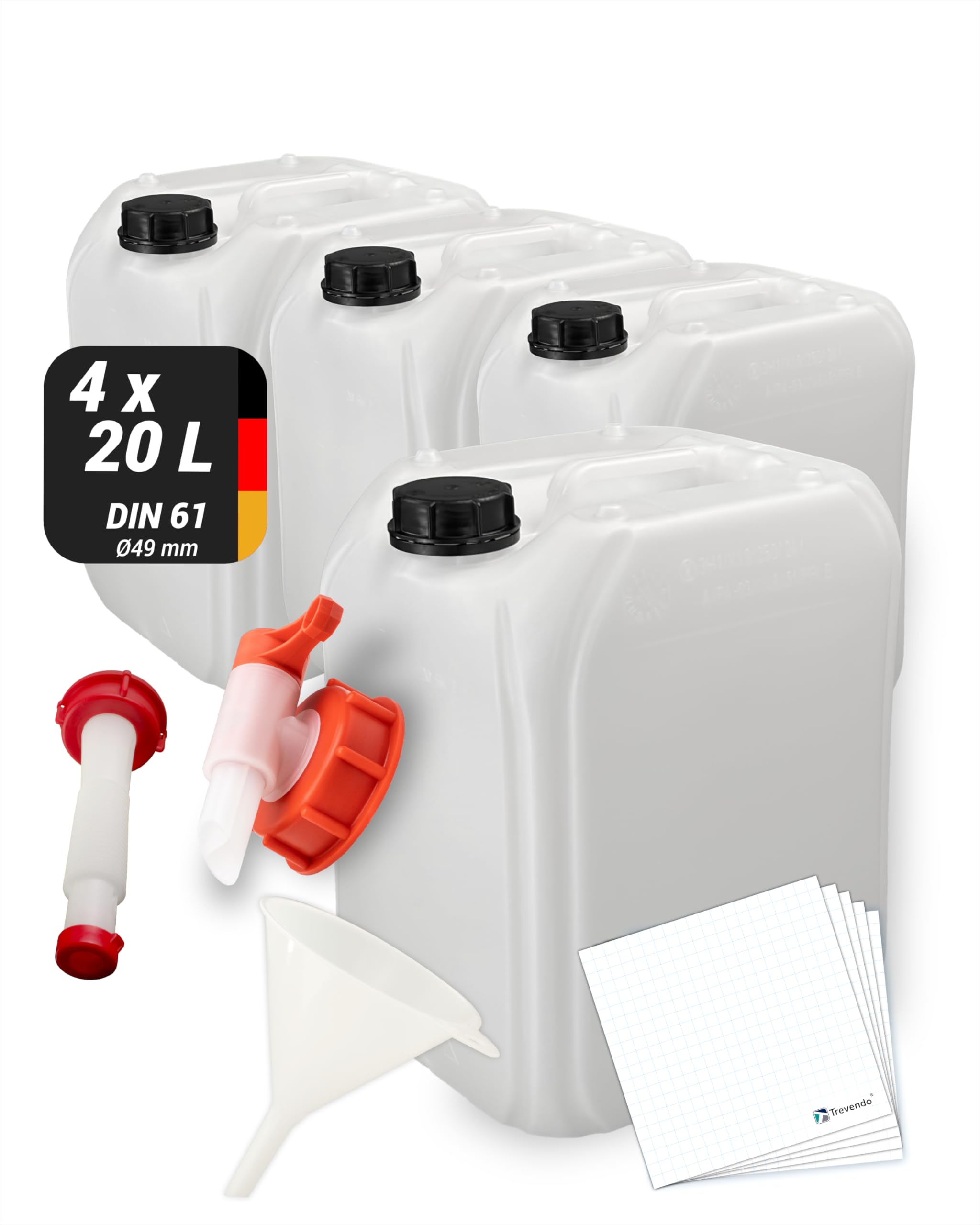 4er Pack 20 Liter Leerkanister DIN 61 inkl. Trichter, Auslaufhahn, Ausgießer Flex & Trevendo Etiketten