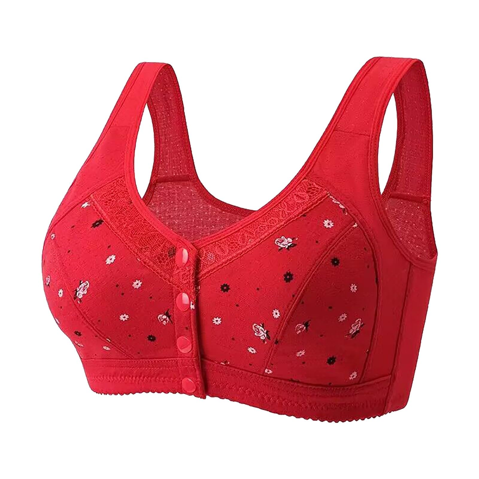 Daisy Bras for Older Women Front Closure Convenient Everyday Bras Mid Buttons Comfortable No Underwire Gathering Bras 3X-Large 6-red
