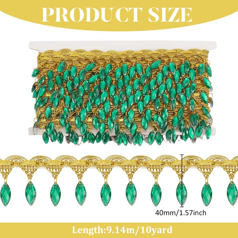 FINGERINSPIRE 10 Yards Hanging Beads Fringe Lace 1-5/8 inch Wide Green Horse Eye Shiny Fringe Sewing Trim Polyester Gold Metallic Braid Ribbon with Beads for DIY Clothing Curtain Decoration