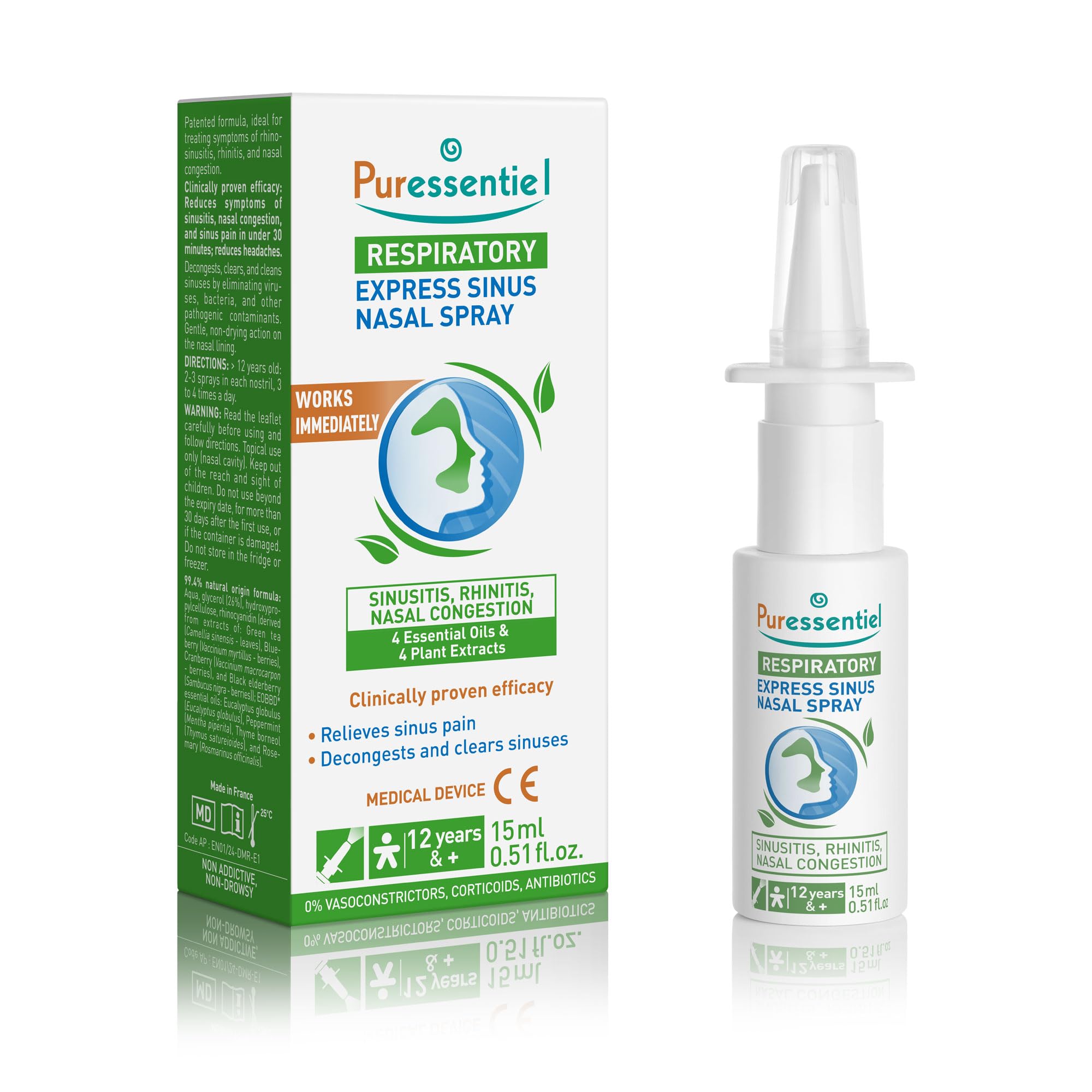 Puressentiel – Respiratory – Express Sinus Nasal Spray – Natural Remedy for Sinusitis, Nasal Congestion and Nasal Pain – Clinically Proven Efficacy – Organic Essential Oils & Plant Extracts – 15 ml