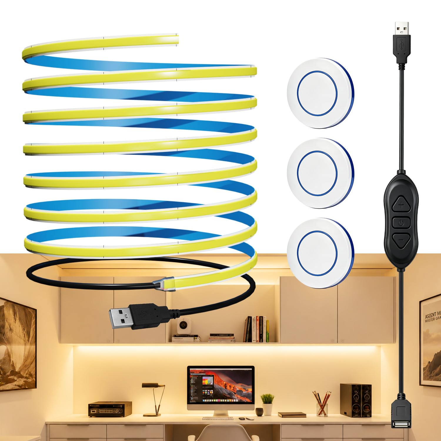 MDee 5V USB COB LED Strip with 3 Remotes, Dimmable, 4000K White, 2.5M
