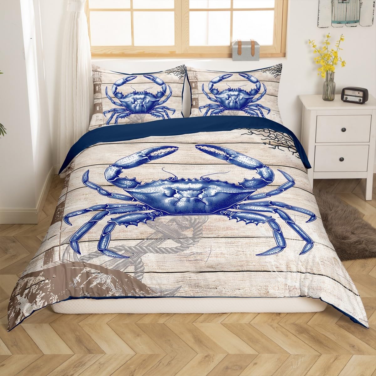 Crab Duvet Cover Toddler Size,Ocean Animals Underwater Coral Comforter Cover with 1 Pillowcase,Wooden Stripes Bedding Set 2pcs for Kids Boys Girls,Grey Blue Coastal Quilt Cover,Not Comforter
