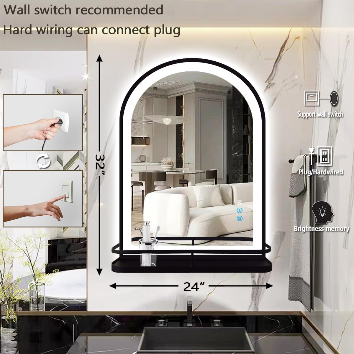 THEKLA 24 x 32 Inch Black Arched Light Vanity Mirror with Shelf Storage Arch LED Wall Mirror with Shelf Light 3 Color Dimmable Anti Fog Smart 32" Black Arched LED Bathroom Mirror with Shelf and Lights