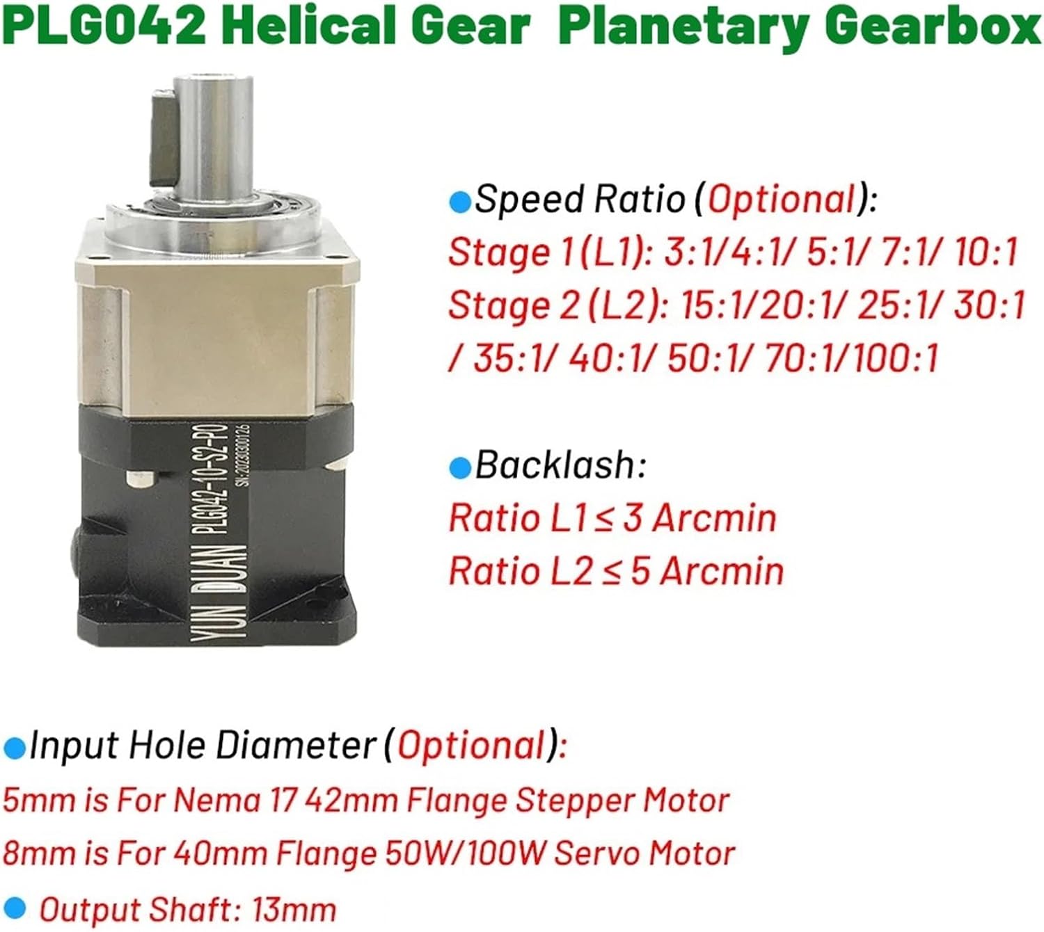 Helical Gear Planetary Gearbox 90 Degree Angle Gearbox Motor Reducer for Nema17 Stepper Motor 50W 100W Servo Textile Machines(Speed Ratio 25 to 1,PLG042-8mm Input)