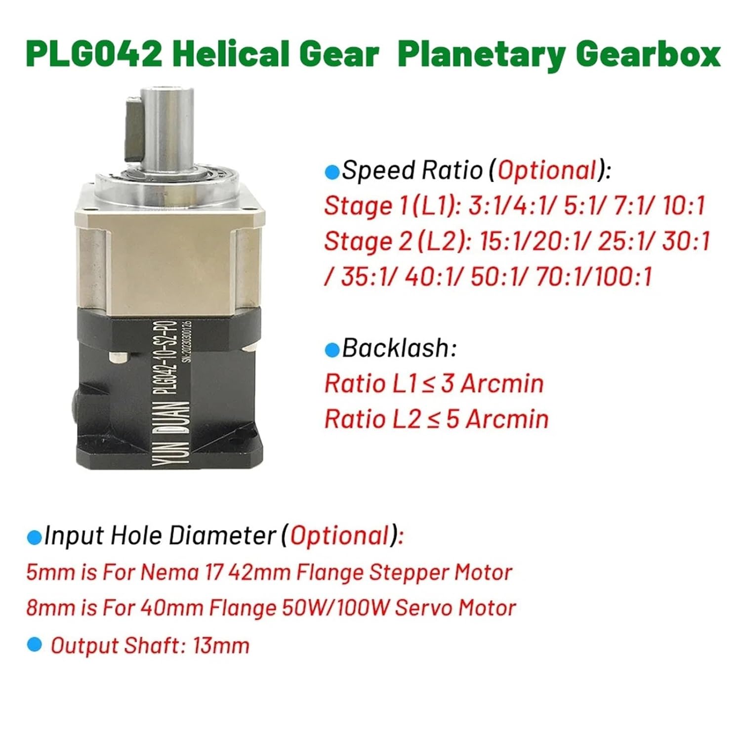 Helical Gear Planetary Gearbox 90 Degree Angle Gearbox Motor Reducer for Nema17 Stepper Motor 50W 100W Servo Textile Machines(Speed Ratio 5 to 1,PLMG042-8mm Input)