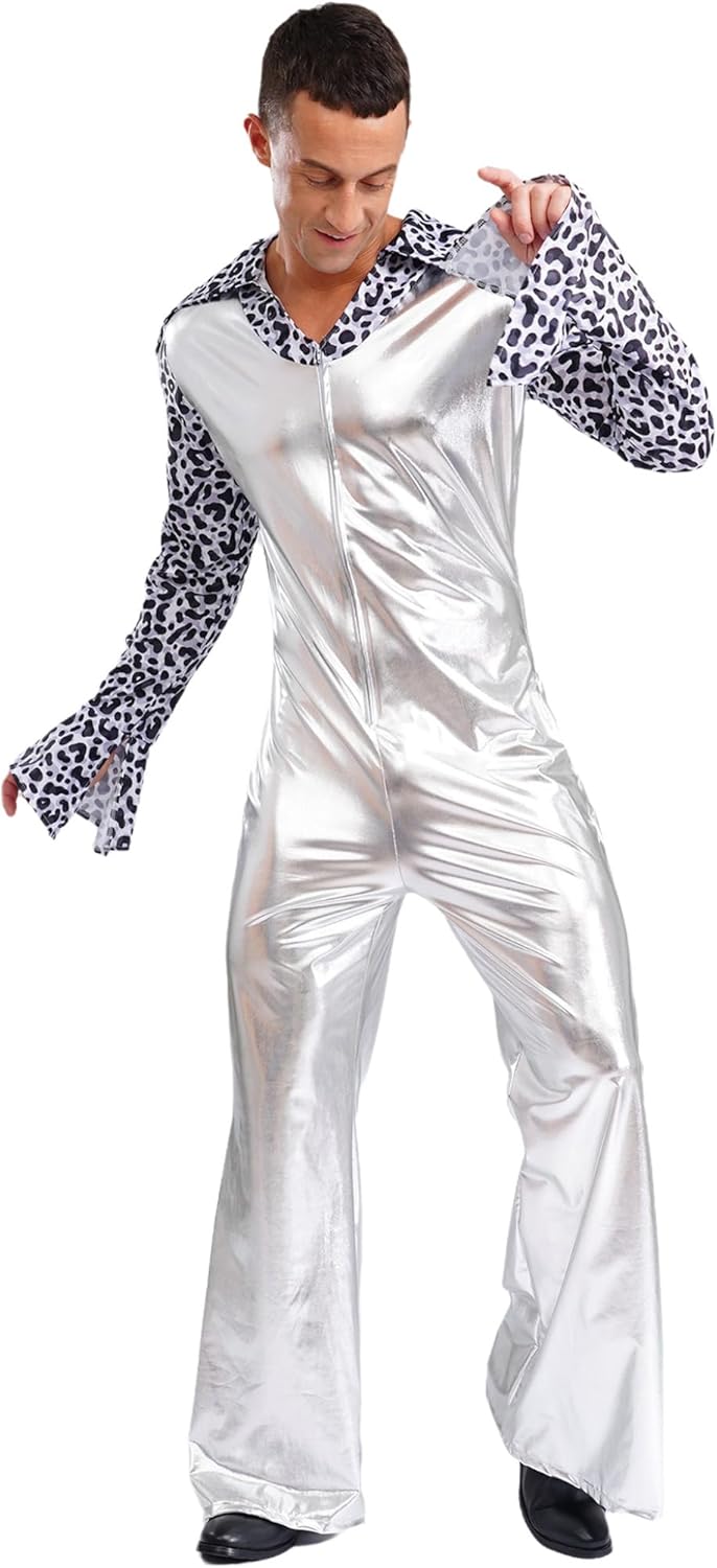 XUNZOO Men's Dance Costume 70s Disco Lapel V Neck Flare Sleeve with Bottom Pants Hippie Rompers