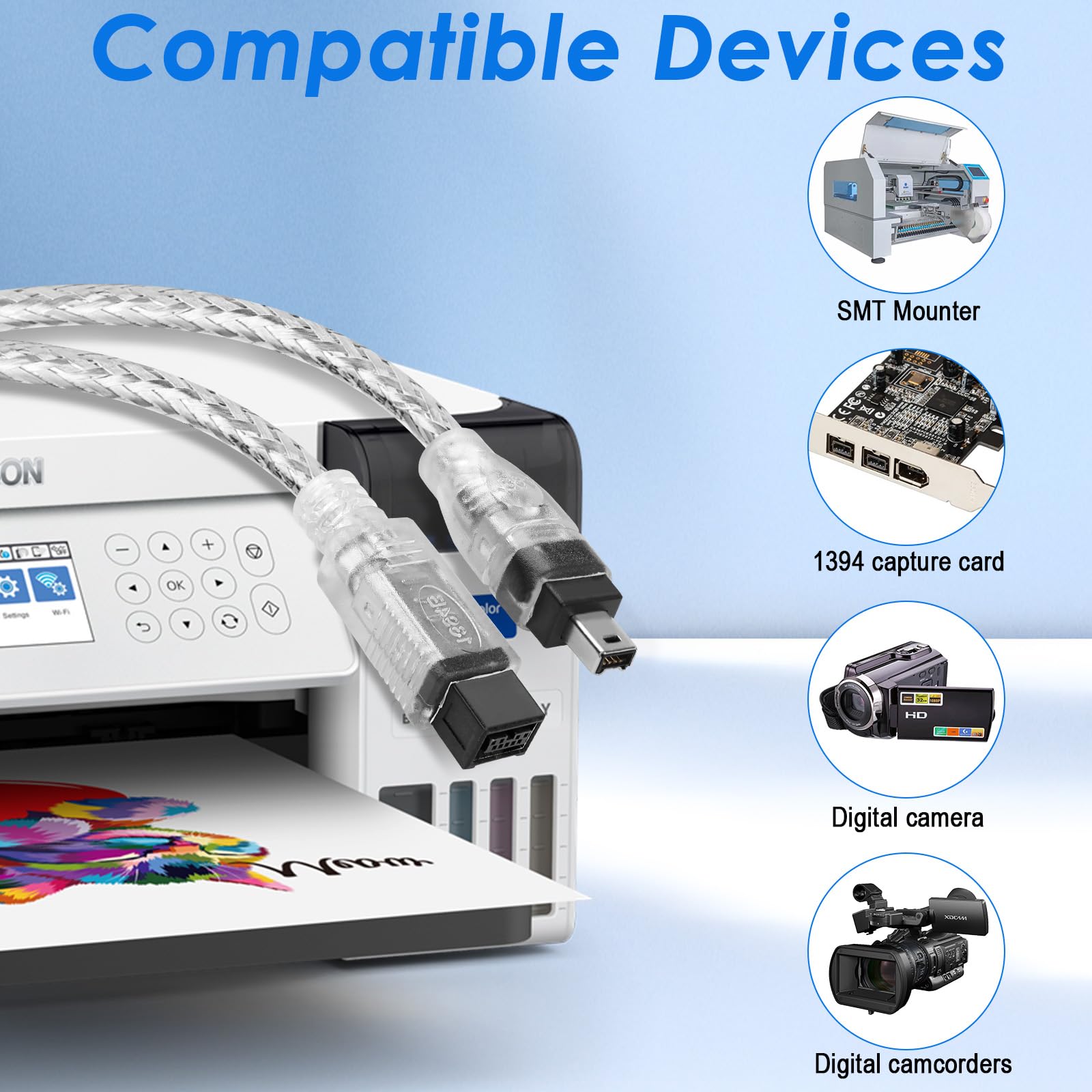 Herfair Câble FireWire IEEE 1394B, 9 broches vers 4 broches mâle vers mâle, adaptateur de transfert de données, convertisseur FireWire 400 DV iLink pour ordinateur portable vers caméscope, caméra DV