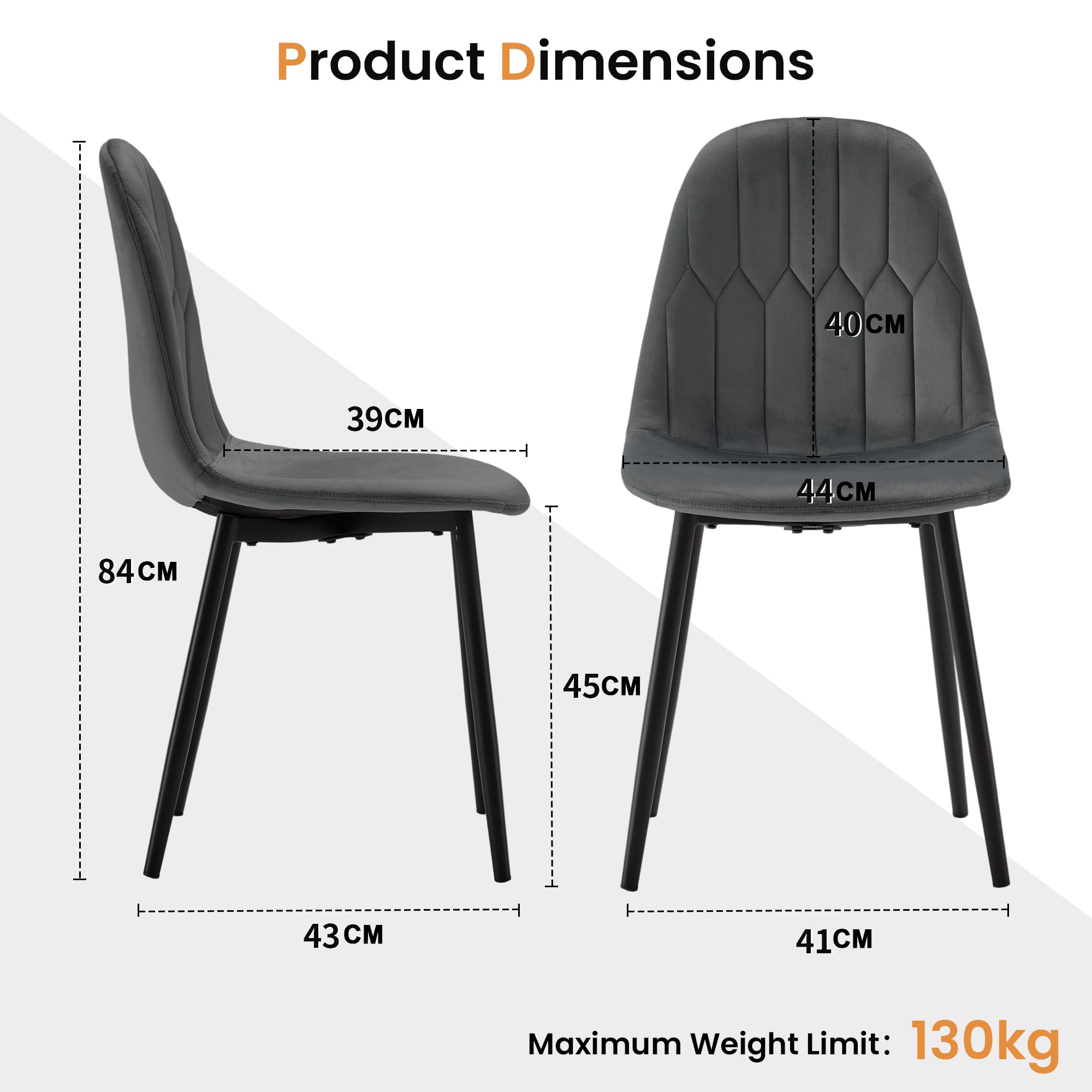 YOUDENOVA Lot de 4 Chaises de Salle à Manger en Velours, Gris Foncé | Chaises de cuisine rembourrées avec dossier ergonomique, pieds en métal, charge maximale de 130 kg