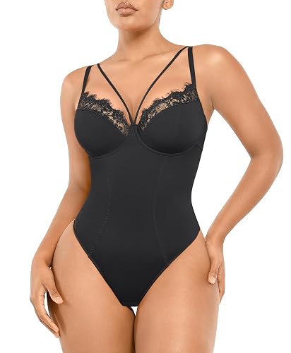 SHAPELLX Women's Shapewear Lace Bodysuit Tummy Control Body Suits Waist Sculpting V Neck Thong Corset Tops - A1-black - Large