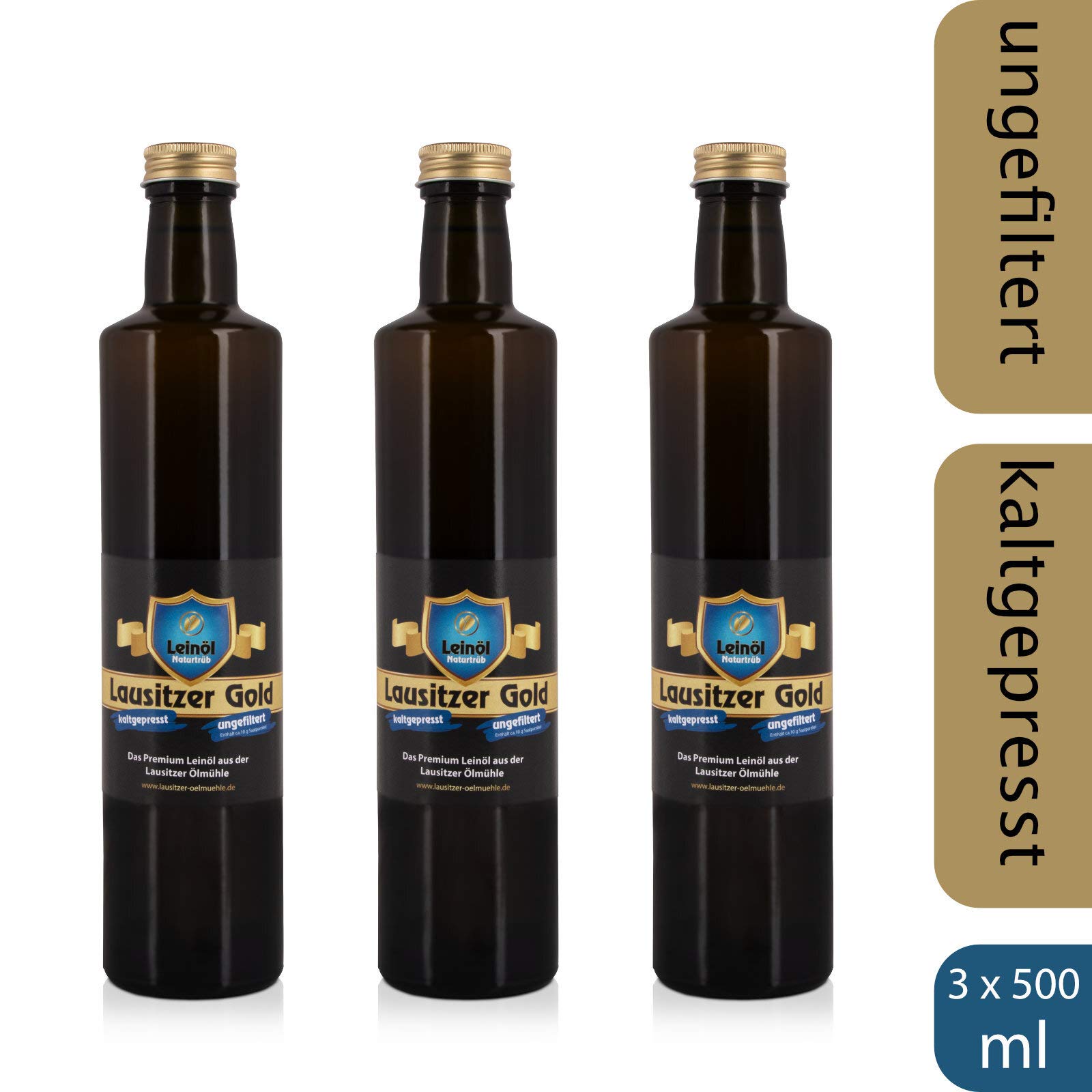 3 x Lausitzer Leinöl - Lausitzer Gold (kaltgepresstes ungefiltertes Premium Leinöl), 3x 500ml