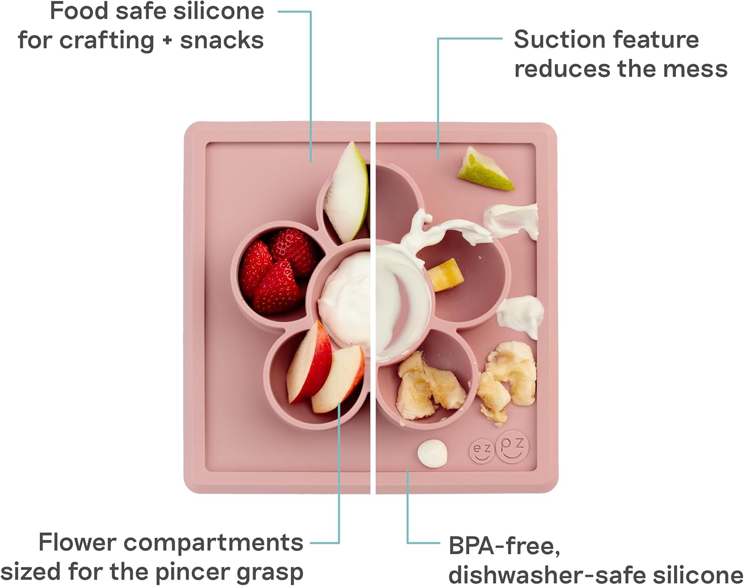 ezpz Mini Play Mat for Baby + Toddler (Blush) - 6 Months+ - Suction Plate with Flower Compartments for Crafts, Painting, Sorting, Snack Time - Promotes Pincer Grip