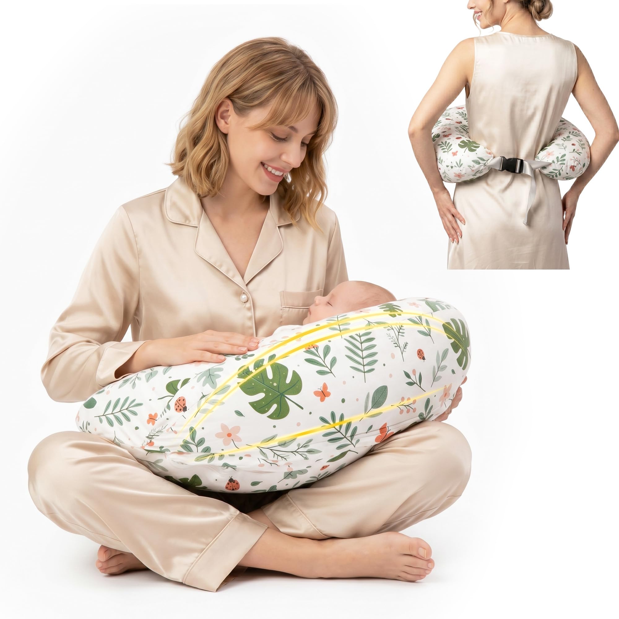 Ergonomisches Stillkissen mit erhöhtem Schutzrand, Stillkissen mit abnehmbarem und waschbarem Bezug, Verstellbarer Hüftgurt, Für Verschiedene Körpergrößen und -Formen, Dunkelgrün