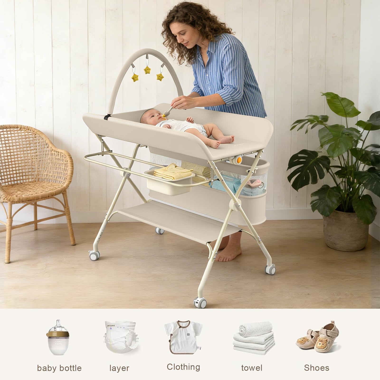 Fasciatoio Neonato Pieghevole Portatile Altezza Regolabile con Ruote Silenziose 360° Bloccabili Bianco Latte 75x68x83-91cm