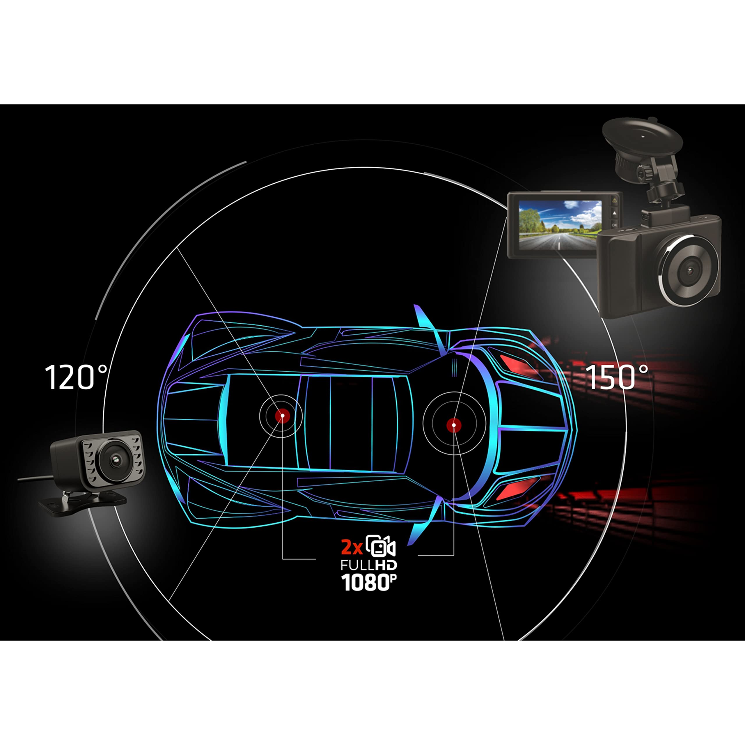 Simpletek – Doppia Dash Cam Videocamera da Auto DVR con Schermo e Retrocamera per Retromarcia