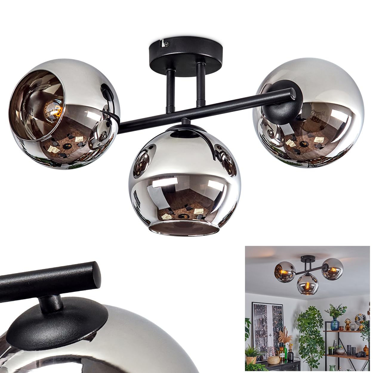 HOFSTEIN Deckenleuchte Koyoto, 3-flammige Deckenlampe aus Metall/Glas in Schwarz/Chrom-/Rauchfarben, Leuchte im Retro/Vintage-Design (Schirme Ø 15 cm), E14, Esszimmer, Wohnzimmer, Küche, Flur