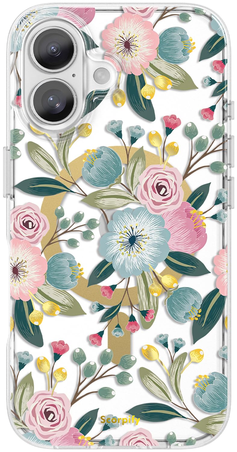 SCORPIFY for iPhone 17 Case [Compatible with MagSafe] with Hibiscus Floral Design, Cute Clear Flower Magnetic Phone Cover for Women Girls, [Non Yellowing] Slim Bumper with Gold Accents