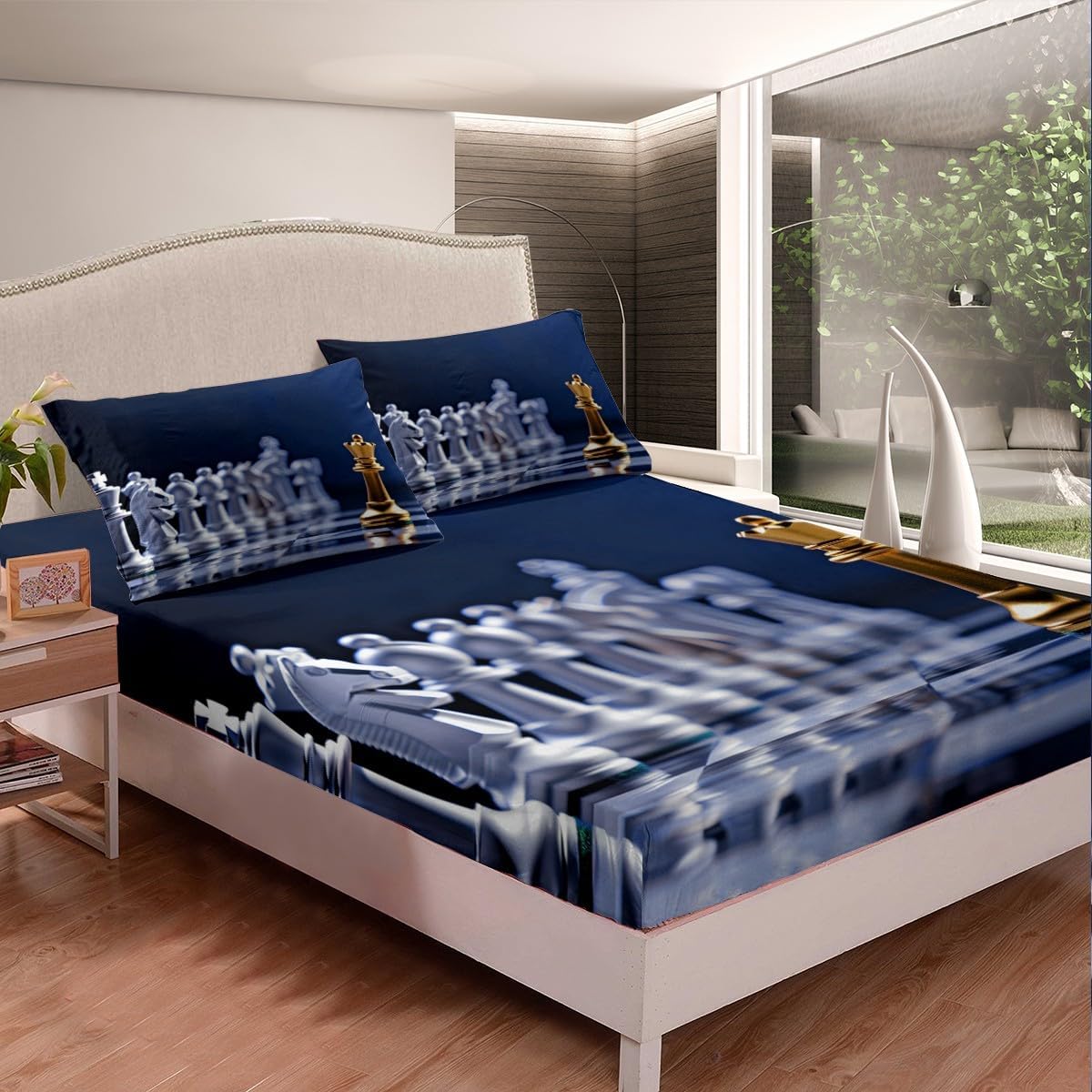 International Chess Bedding Set Chess Theme Fitted Sheet for Kids Adult Bed Sheet Set Game Competition Style Bed Cover Room Decor Black White Checkerboard 3Pcs with 2 Pillow Case Queen Size