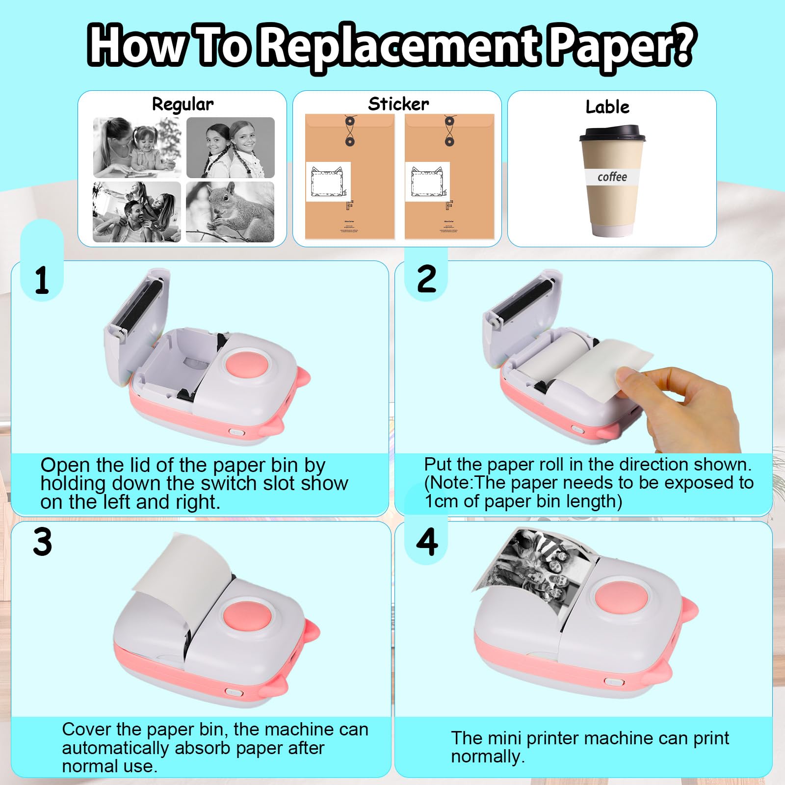 Mini Stampante Fotografica,Stampante Termica,immagine per foto, stampa di ricevute,stampante fotografica,con 10 rotoli di carta 1 adesivo per smartphone, per Fotografica Note Elenco Memo (Pink A)