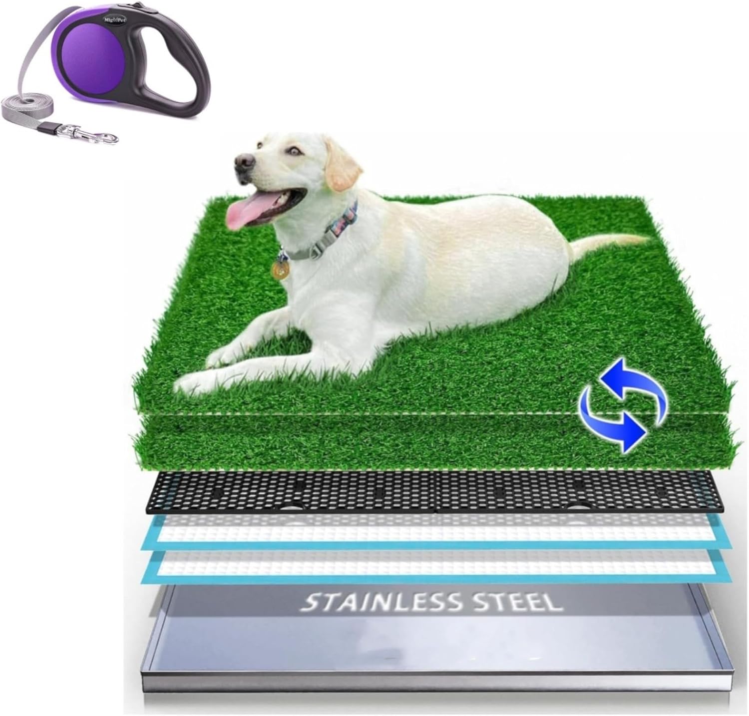 Stainless Steel Dog Grass Pad with Tray and Heavy Duty Retractable Dog Leash-16ft