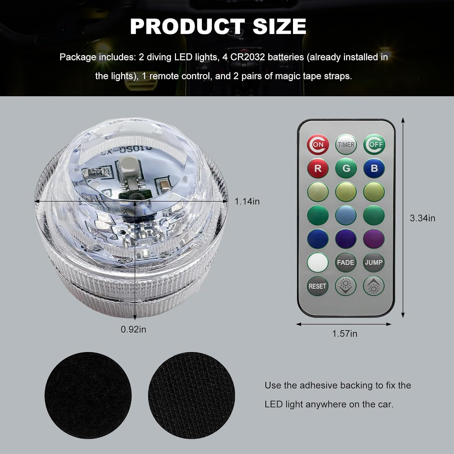 2PCS Mini Submersible LED Lights for Car, Waterproof Underwater Flameless Accent Light with Remote Control, Battery Operated Multicolor Changing Light for Vehicle Interior