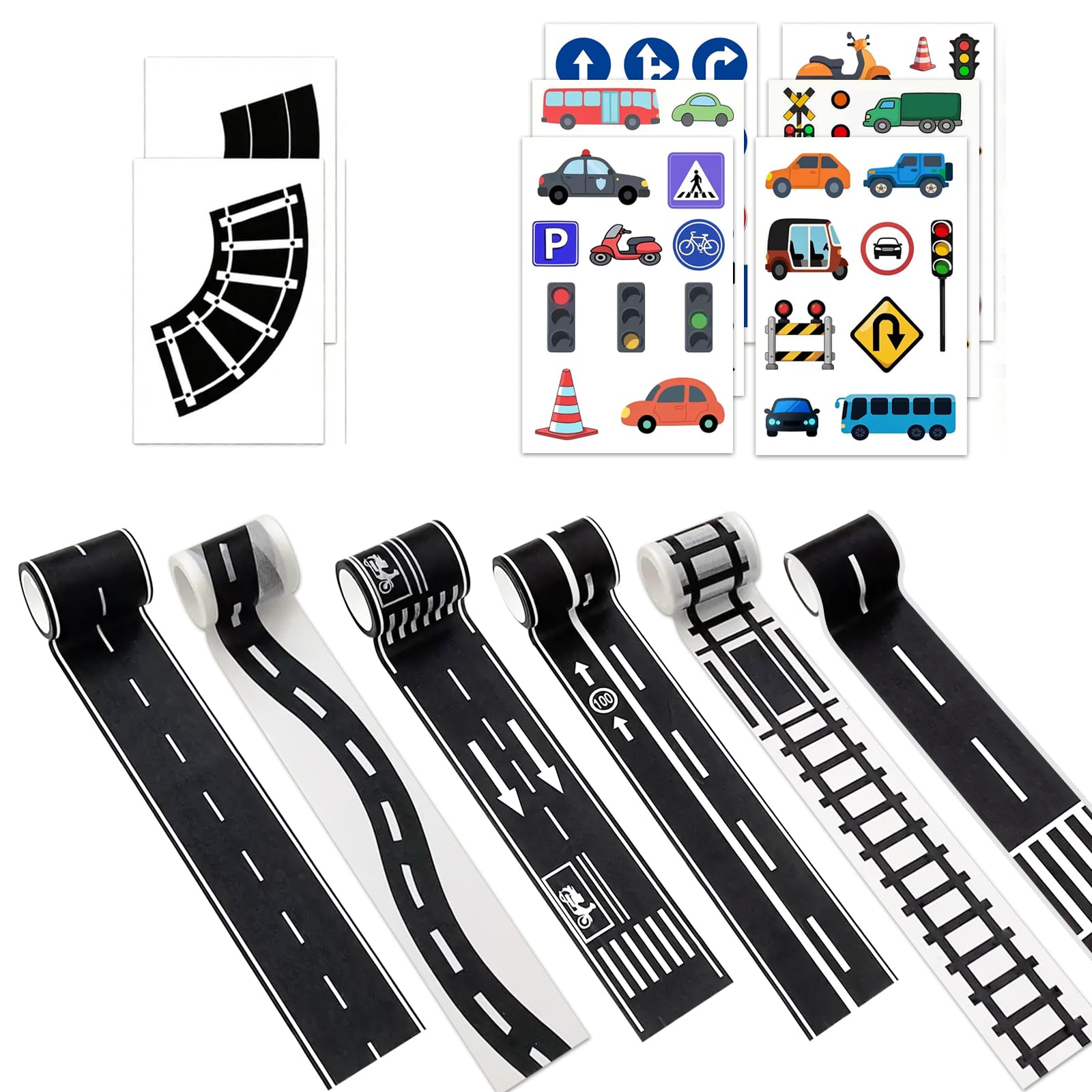 Road Tape for Cars - 14 Sticker 5 X 500cm Black Residue Free Track, 6 Durable Train Track Tape with 8 Creative Road Stickers, DIY Traffic Sign Set Easy to Stick and Tear for Cars, Race Track