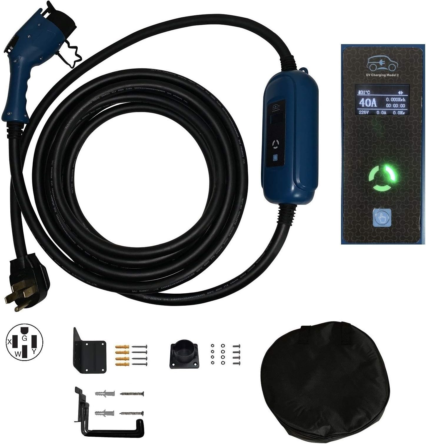 ONETAK EV Charger Level 2 EVSE PHEV LCD Screen 100-240V 40A/26A/16A Adjustable 25ft 7.62 Meters Cord SAE J1772 NEMA 14-50P Plug Electric Vehicle Car Charger