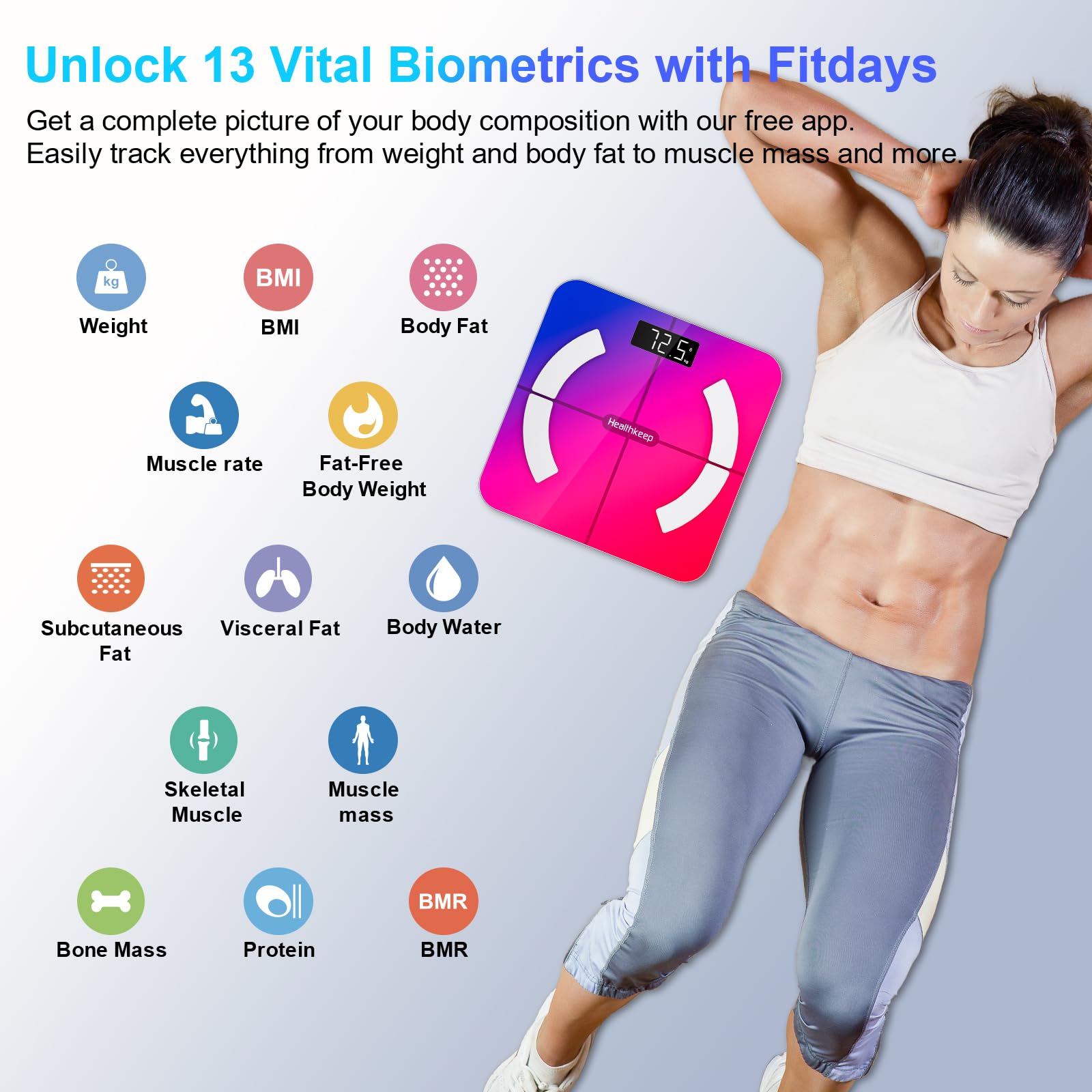 Bilancia pesata persona, Healthkeep Bilancia Impedenzimetro Bluetooth connessa ad alta precisione con App 13 indicatori per Andriod e iOS Max 180kg/400lb/28st, 28 x 28 cm, multicolore