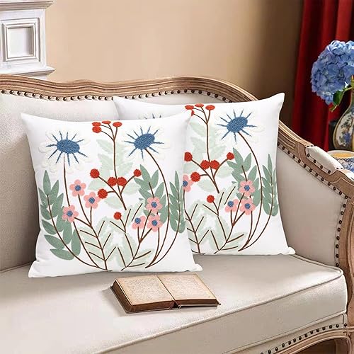 Miniatura 3 de Pilmandu Paquete de 2 fundas de almohada decorativas bordadas de 18 x 18 pulgadas, fundas de almohada florales de granja para sala de estar, sofá