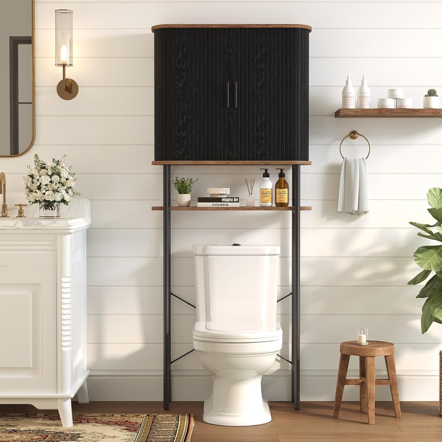 Over The Toilet Storage Cabinet, Fluted Over Toilet Storage Cabinet with Sliding Tambour Door, Adjustable Shelf, FreeStanding Toilet Shelf, Space Saver for Bathroom, Restroom, Laundry, Black