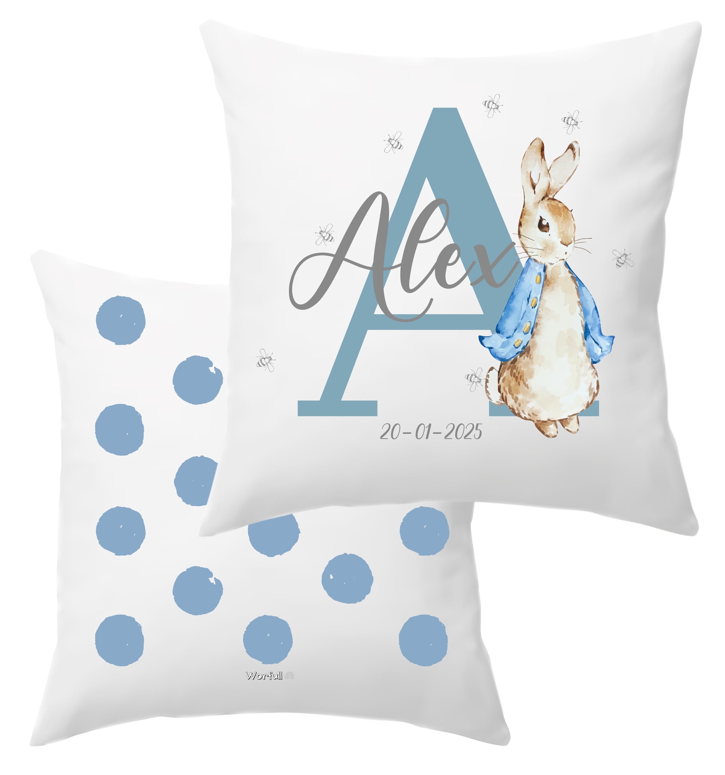 Cojín Personalizado con Nombre, cojín guardería, cumpleaños, Vuelta al Cole, cojín Personalizado bebé, un Regalo Original, con Dibujo Acuarela. (Conejo Chaqueta Azul)