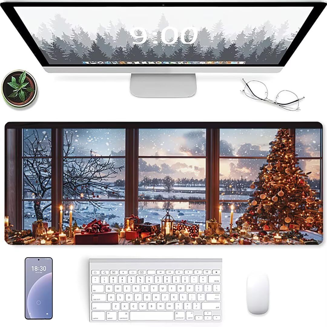 Excel Shortcut-Tasten-Mauspad - erweitertes großes 1200 x 600mm XL-Spickzettel-Gaming-Mauspad | PC-Büro-Tabellenkalkulation-Tastaturmatte | rutschfeste genähte Kante Schnee Weihnachten