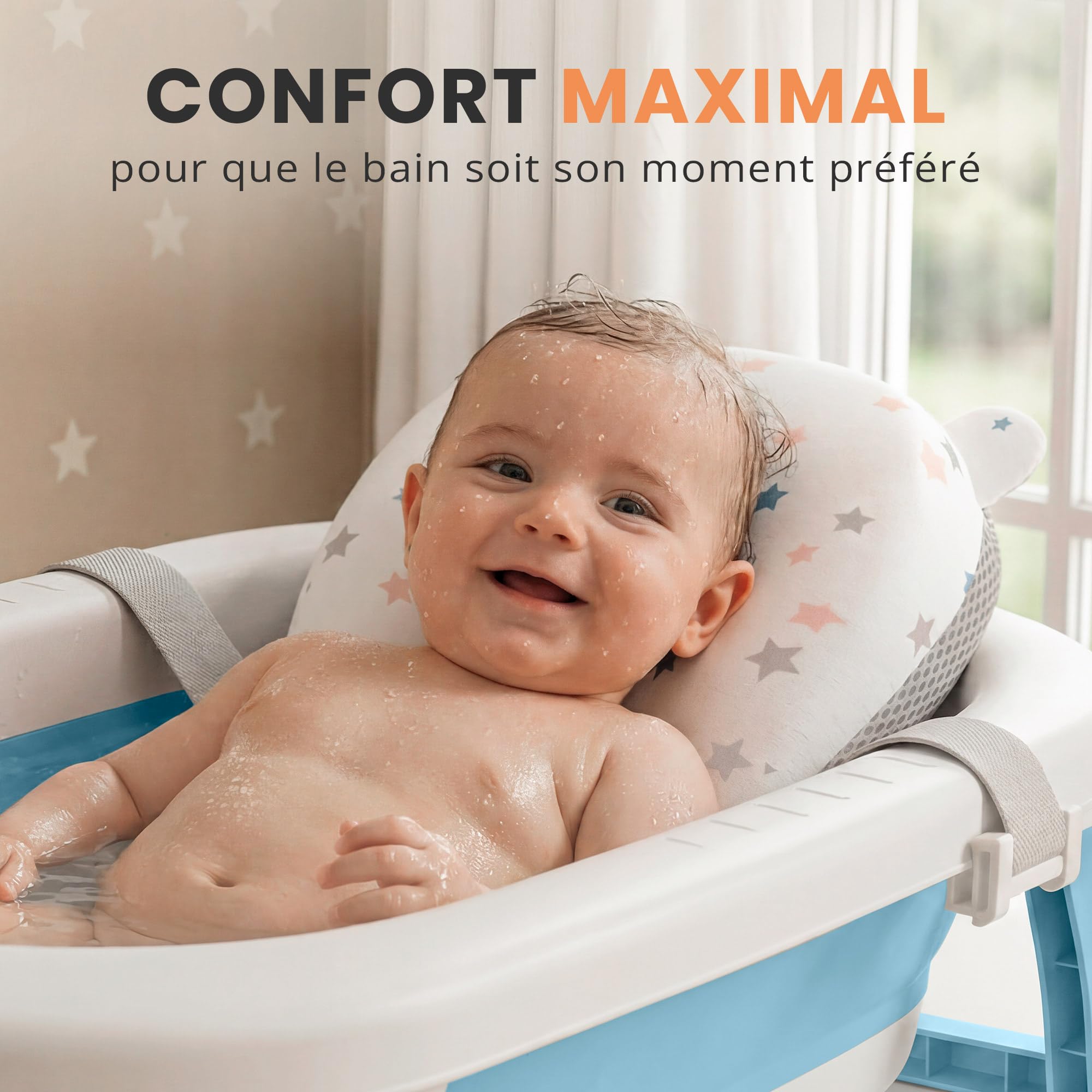 JUPPLIES Baignoire Pliable Bébé avec Coussin Ergonomique et Thermomètre Digital – 75x45x20 cm Bleu