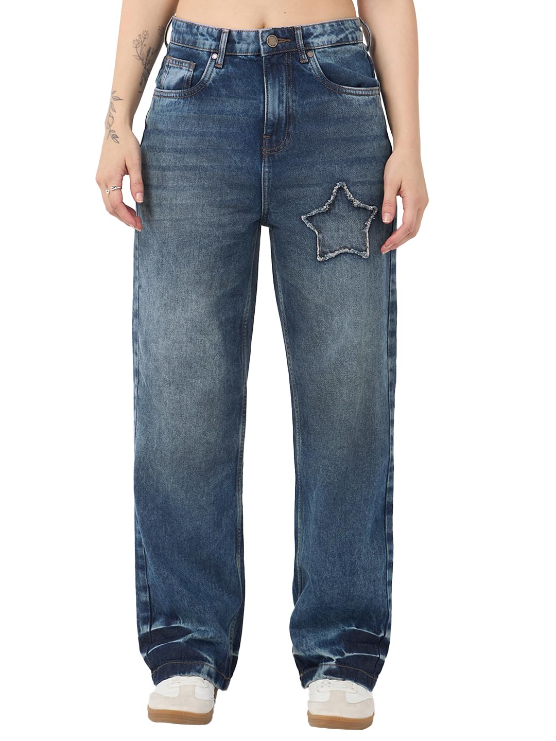 Bewakoof Women's Washed Straight Fit Pure Cotton Jeans in neutral