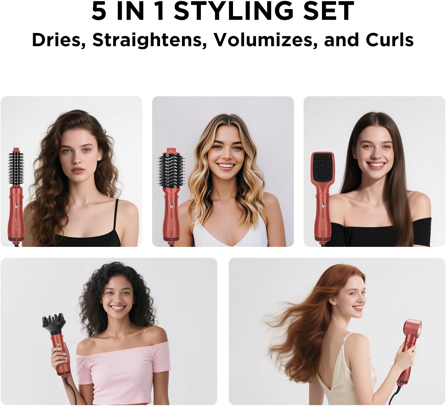 IG INGLAM Blow Dryer Brush Set, 5-in-1 Multi-Styler for Drying, Salon Blowouts, Smooth Curls, Sleek Styles, Ionic Hot Air Brush with Soft Tufts & Nylon Bristles for Frizz-Free Hair, Strawberry Bronze - Image 9