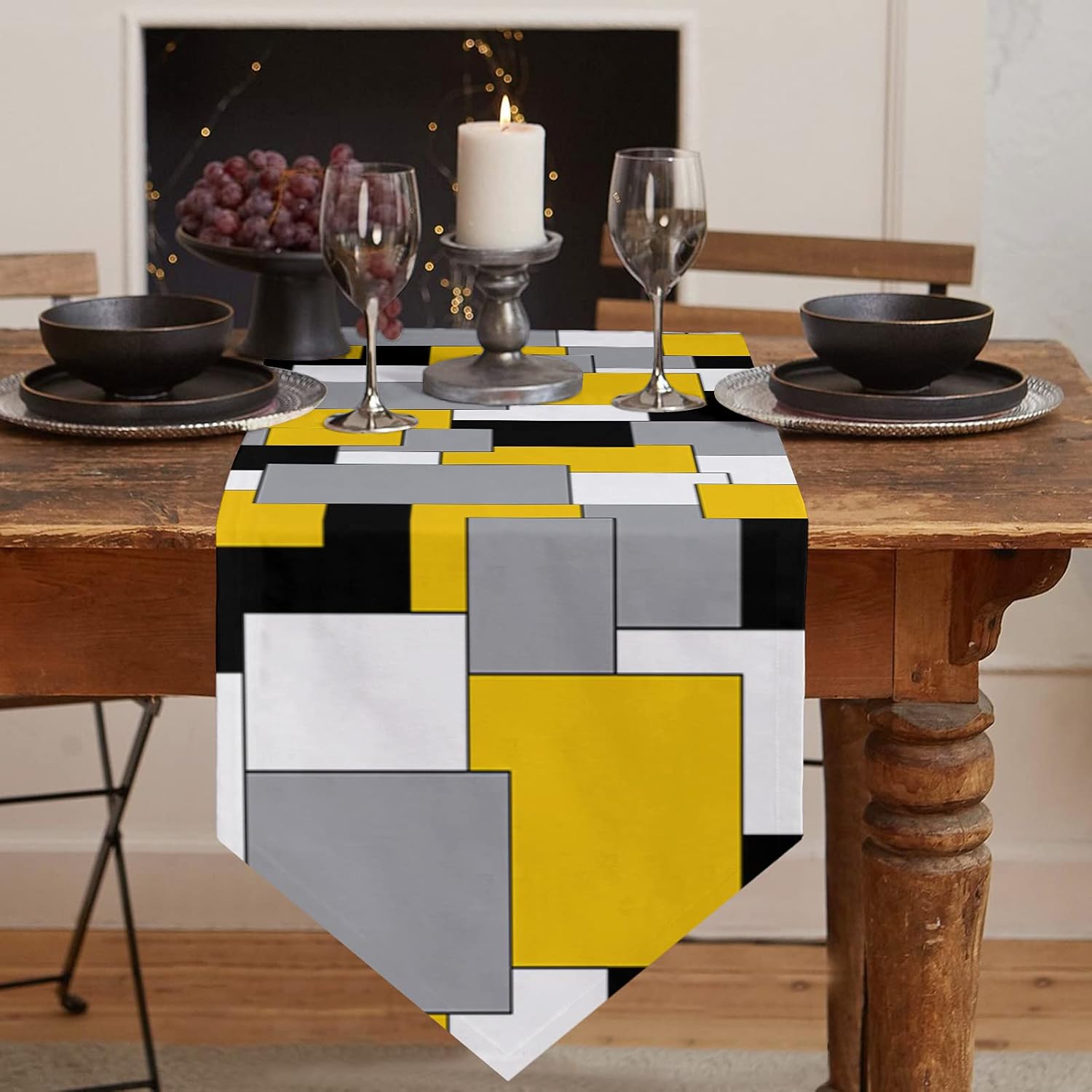 Cotton Linen Table Runner Yellow Gray Black Squares Dresser Scarves Abstract Geometric Art Table Runners for Dining Room Holiday Party Kitchen Home Decor 18x72In