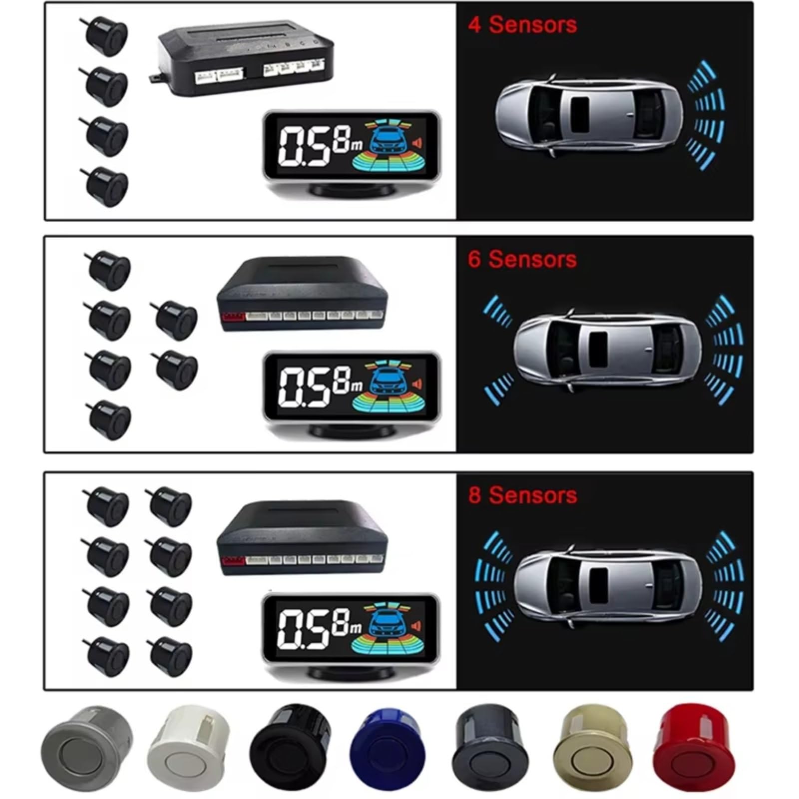 Capteur De Recul Voiture Kit De Capteur Stationnement Radar Rétroéclairage Système D'affichage LED Parktronic Moniteur De Recul Détecteur Assistant Radar De Recul Voiture(White sensors,4 sensors)